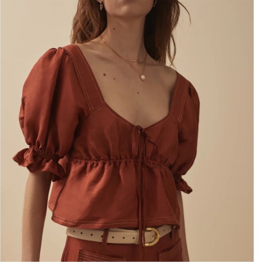 Sancia Lillian Top Blouse NWOT Crop Linen Blend in Sienna Short Puff Sleeves